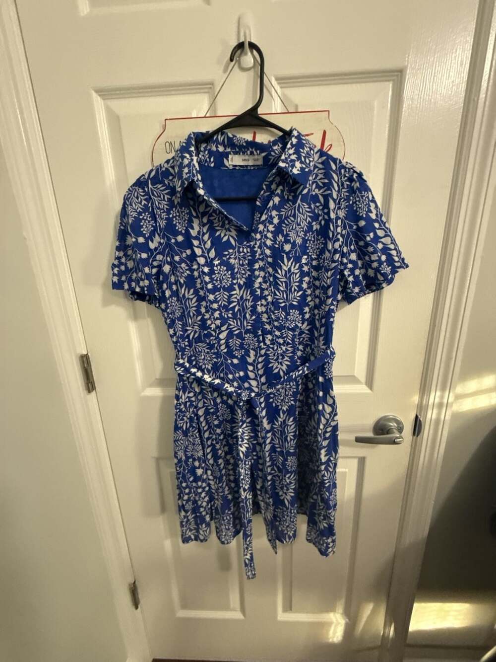 MNG Printed Bow Dress Size S Blue White Floral Belted